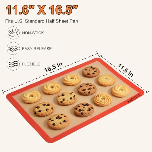 AMYONE Silicone Baking Mats, 11.6 x 16.5 Inch Half Sheet Pan Liners, 2 Pack - size: 16.6"L x 11.6"W
