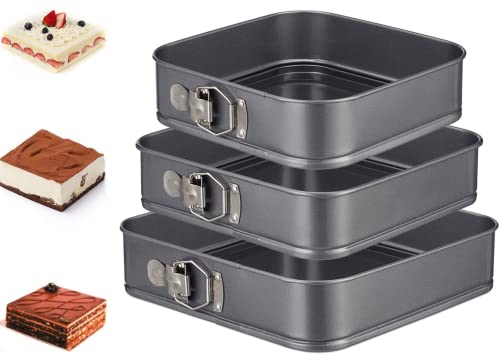 Springform Cake Pan Square 9.5inch,10inch,11inch, Set of 3 non stick leakproof cake baking pans with removable bottom, Non Stick Carbon Steel…
