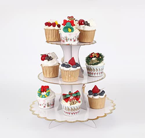 YLDW Cupcake Stand with Lace Trim, 3-Tier Cupcake Stand Display, Cardboard Cup Cake Tower Stand, Disposable Dessert Stand for Birthday Tea Party Baby Shower Treat Decorations, White - color: White-2