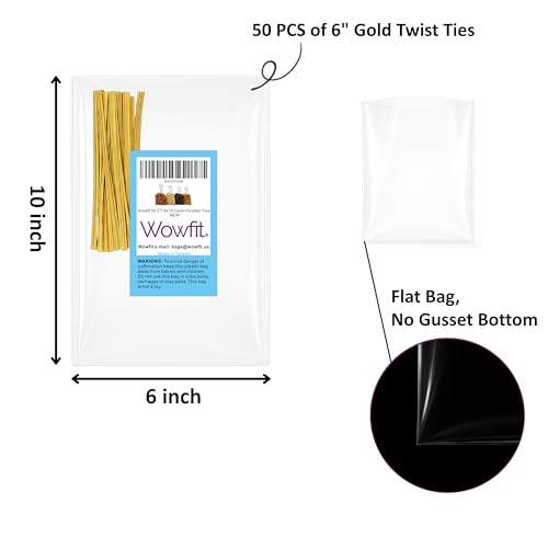 Wowfit 6x10 Clear Cellophane Treat & Goodie Bags, 50 CT, 6" Gold Twist Ties - size: 6x10 Inch (Pack of 50)