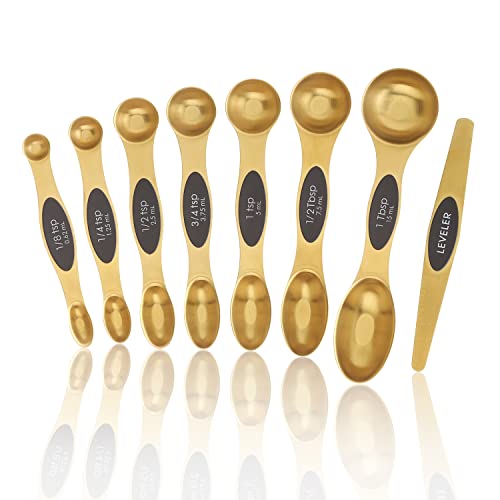 Magnetic Measuring Spoons Set, Stainless Steel, Dual Sided, Stackable, Dual Sided for Measuring Dry and Liquid Ingredients, Fits in Spice Jars, Set of 8（Gold ）
