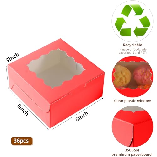 36 pcs 6x6x3 Inches Small Cake Box with Window, Bakery Pastry Cookie Boxes, Mini Pie for Pastry,Dessert,Strawberries,Chocolates, Cupcakes with paper stickers (Red) - color: Red/36pcs