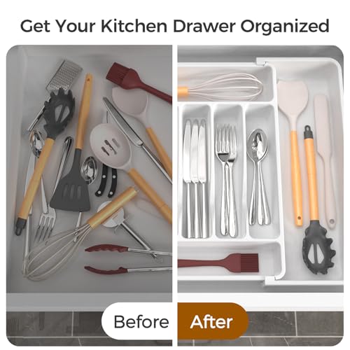 ukeetap Extra Large Expandable Silverware Organizer, Flatware Tray,White - color: White