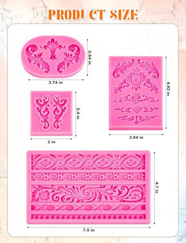 4 Pcs Baroque Style Silicone Molds, 3D Curlicues Scroll Lace Fondant Molds