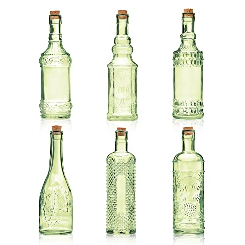 BULK PARADISE Assorted Green Glass Bottles with Corks, 6 Pack, 2.5in X 9in, 16oz - color: Green