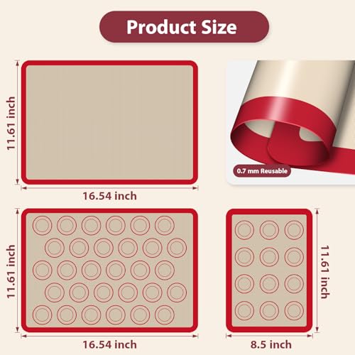 Silicone Baking Mat Set of 3, Non-Stick 2 Half & 1 Quarter Macaron Sheets - color: Red, size: 2Half Sheets+1Quarter ( Macaron )
