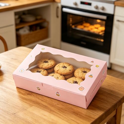 Cookie Boxes with Window Pink Bakery Boxes 7 x 4.3 x 1.5 Inch Takeout Treat Boxes for Cookies, Donuts, Pastry, Strawberries, Macarons(20PCS) - color: Pink