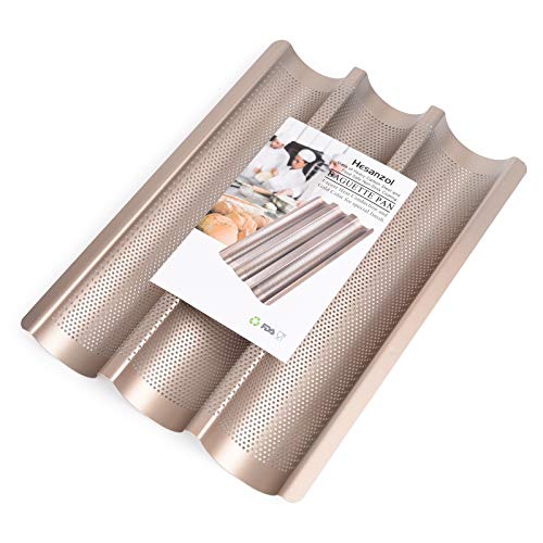 Baguette Pans for Baking 15" x 11", Carbon Steel 3 Loaf Nonstick Baguette Baking Tray for French & Italian Perforated French Bread Pan - color: Gold