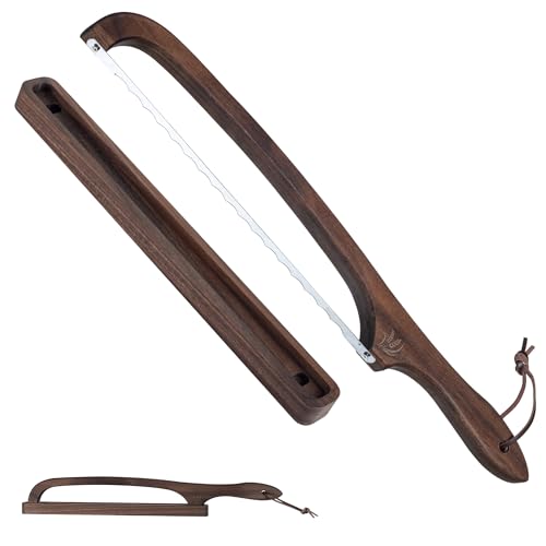 Bread Knife with Wooden Tray, 16.5" Serrated Sourdough Bread Knife, Premium Bow Bread Slicer for Homemade Bread, Bagels & Loaf, Stainless Steel Cutter (Black Walnut, Narrow-Spacing) - color: Black-Narrow Walnut