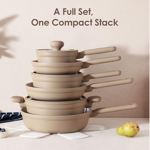 SENSARTE Ceramic Nonstick Pots and Pans Set, Nontoxic Cookware Set 17pcs - color: Almond Beige