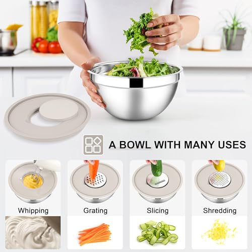 E-far Stainless Steel Mixing Bowls, 7PCS Mixing Bowls with Airtight Lids - color: Khaki, size: 7 Regular Sizes