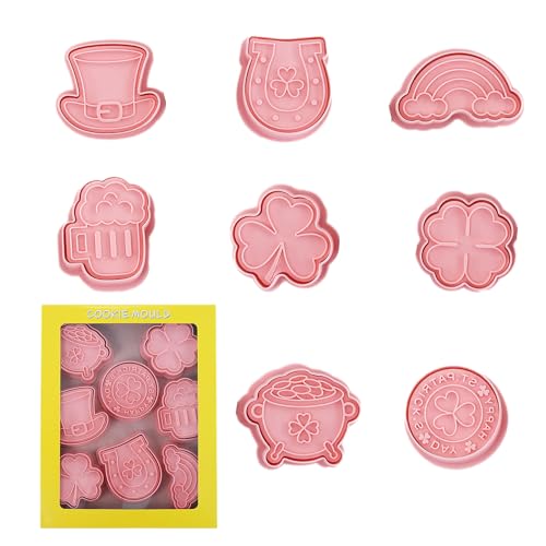 St. Patrick's Day Cookie Cutters, 8Pcs 3D Plastic Cookie Molds Cartoon Shamrock Four Leaf Clover Horseshoe Biscuit Cutters for Irish Holiday Party Baking Cutting Tool (D8) - color: D8