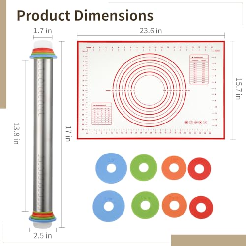 Rolling Pin and Pastry Baking Mat Set, Stainless Steel Dough Roller with Adjustable Thickness Rings & Clear Scale Markings, Ideal for Home Kitchen Baking Fondant, Pizza, Pie, Pastry, Pasta, Cookies