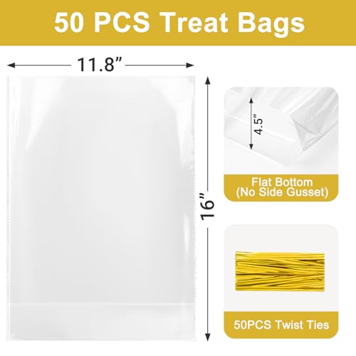50Pcs Clear Cellophane Bags, with Twist Ties, Flat Bottom - size: 11.8x16 Inch (Pack of 50)