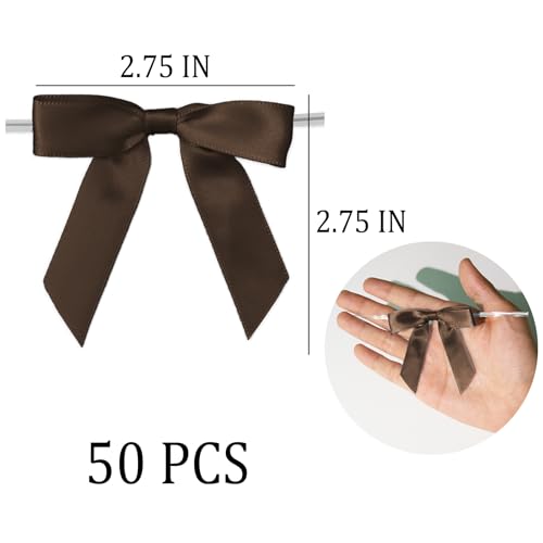 50 Pcs Satin Bows with Twist Ties, 2.5 Inch Gift Wrapping Bows, Brown - color: Brown