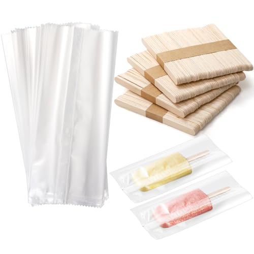 Okllen 600 Pieces Popsicle Bags and Sticks Set, 300 PCS Disposable Plastic Popsicle Wrappers Clear Ice Cream Bags, 300 PCS Wooden Popsicles Sticks for DIY Making Cakesicle Candy Summer Party Supplies
