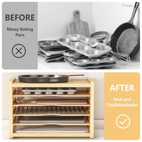 Celestite Wooden Baking Sheet Organizer for Cabinet, Baking Tray Organizer, Cookie Sheet Organizer for Cabinet Kitchen Storage Organization Accessories - color: 6 Tier 12.4"wx14.1hx16.7d
