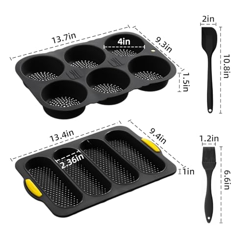 Hamburger Bun Pan and Baguette Pan With Spatula Brush, Silicone Hamburger Bun Pans for Baking, Nonstick French Bread Baking Pan for Baking Homemade Bread (Black)