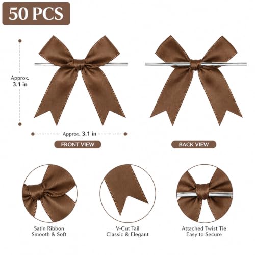 50 Pcs Twist Tie Bows for Treat Bags and Gift Wrapping, Brown - color: Brown