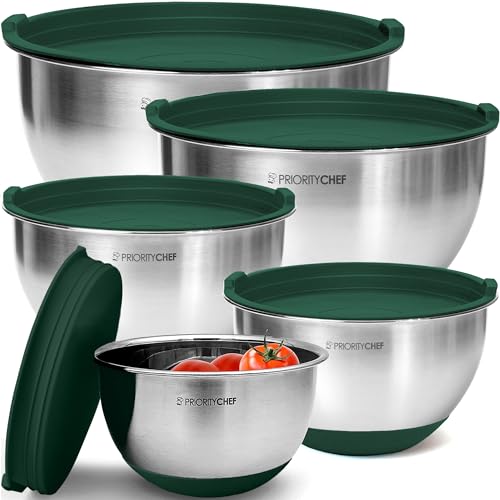 Priority Chef Premium Mixing Bowls With Airtight Lids Set, Thicker Stainless Steel Mixing Bowl Set, Large Prep Metal Bowls with Lids, Nesting Bowls for Kitchen, 1.5/2/3/4/5 Qrt, Green - color: Green