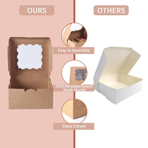 100 pcs 6x6x3 Inches Small Cake Box with Window, Bakery Pastry Cookie Boxes, Mini Pie container for Pastry,Dessert,Strawberries,Chocolates, Cupcakes with paper stickers (Brown) - color: brown/100pcs