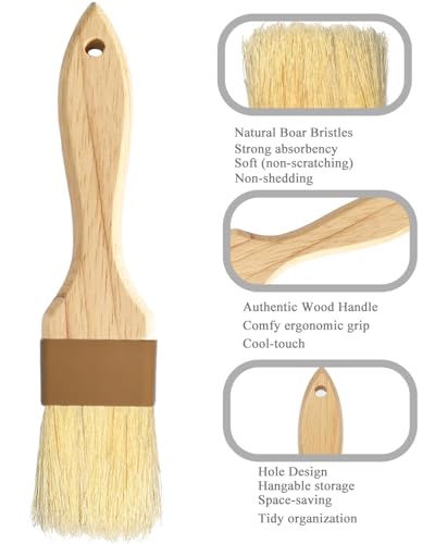 Pastry Basting Brush Natural Bristle - Food Grade Wooden Handle, Heat Resistant, Non-Shedding & Durable Kitchen Utensils for Cooking, Baking, Butter, BBQ, Oil Sauce & Egg Wash (1", 1.5", 3 Pack) - color: burlywood
