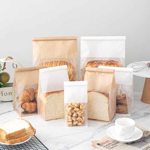 50 Pack Medium White Paper Bread Bags with Window 10.3" x 6.3" x 5.1" - color: White, size: Medium