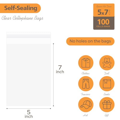 5x7 Clear Cookie Bags With Seal - 100 Pack Self Sealing Cellophane Bags - size: 5x7 Inch