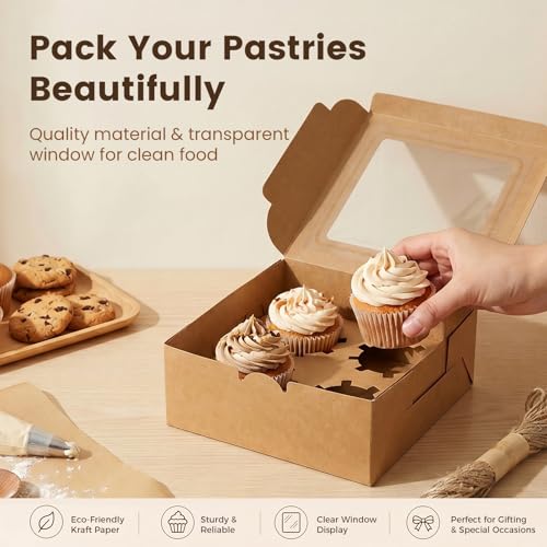 OAMCEG 6x6x3Inch Cupcake Boxes with Window,50 Pcs Cookie Bakery Boxes,Brown - color: brown-stickerA-50pcs