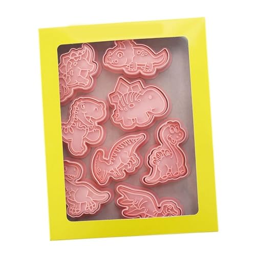 8 Piece Dinosaur Shape Cookie Cutter Set with Plunger Stamper,3D Embossed Pink Plastic Biscuits Cutters for Fondant and DIY Desserts Baking