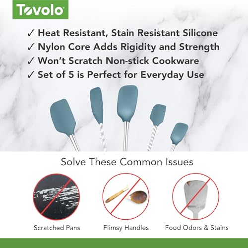 Tovolo Stainless Steel Handled Silicone Spatula Set of 5, Dishwasher Safe Kitchen Spatula Set for Cooking Baking, BPA Free Silicone Spatula set with Metal Steel Handle, Blue Slate - color: Blue Slate, style: Stainless Steel Handle
