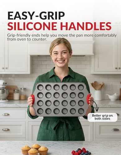 Boxiki Kitchen 24 Cup Mini Muffin Pan with Silicone Handles | Professional Non-Stick Cupcake Pan for Muffins, Cupcakes, Egg Bites, and More