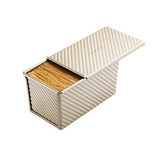 monfish Pullman Loaf Pan w Cover Bread Toast Mold corrugated loaf Pan w lid 1lb dough Alluminumed Steel Non Stick Gold (8.5X4.75X4.375INCH) - size: 8.35x4.8x4.5 inch