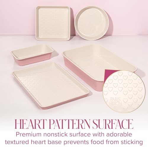 Paris Hilton 5-Piece Baking Pans Set, Nonstick Heart Pattern Bakeware Set with Heavy Duty Carbon Steel, Includes Square Pan, Round Pan, Loaf Pan, Roasting Pan & Cookie Sheet, 5-Piece, Pink - size: 5-Piece