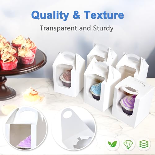 Cupcake Boxes 100 Pcs, Individual Cupcake Carrier White with Window Insert and Handle Pastry Containers Single Muffins Container for Bakery Wrapping Party Favor Packing - color: White, size: 100