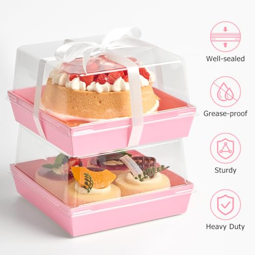 ZORRITA Paper Cake Boxes with Clear Lids, 7" x 7" x 4", 20 Pack, Pink - color: Pink