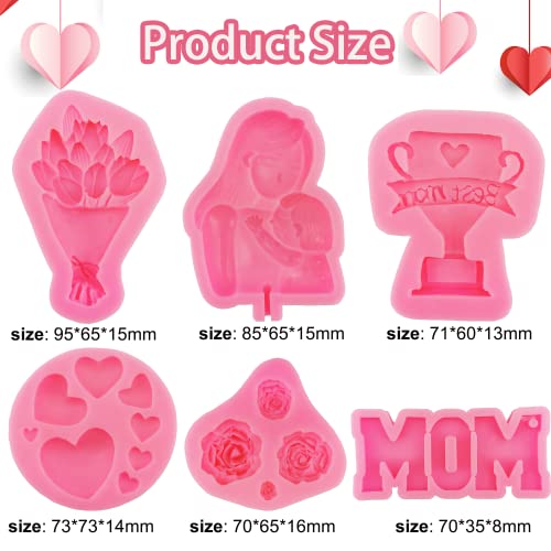 6Pcs Mother's Day Fondant Mold Mom Word Silicon Mold Best Mom Chocolate Mold Rose Tulip Flower Heart Shape Molds Mother Candy Silicone Mould Baking Supplies for Cupcake Desserts Decor