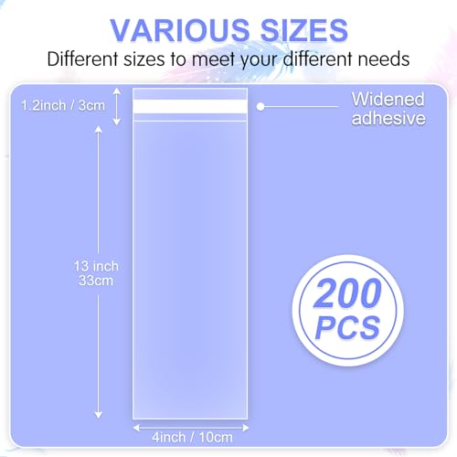 COQOFA Long Self Adhesive Cellophane Bags 4x13 200 Pcs Clear Cookie Candy Treat Resealable Self Sealing Plastic Cello Long Strip Transparent Individual - size: 4 x 13 inches (200 pcs)