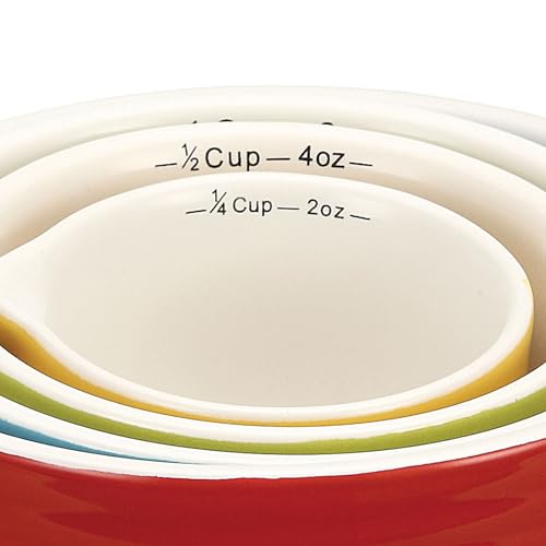 Creative Co-Op 4‑Piece Stoneware Ribbed Batter Bowl Measuring Cups, Yellow, Blue, Green and Red - color: Multicolor