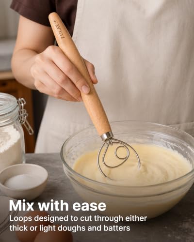 Zulay Kitchen 13-Inch Danish Dough Whisk - Stainless Steel Wooden Whisk with Dough Hook - Sourdough Whisk for Bread, Pizza, Pastry, Cake Batter & More - Wood - color: Rubberwood | Single