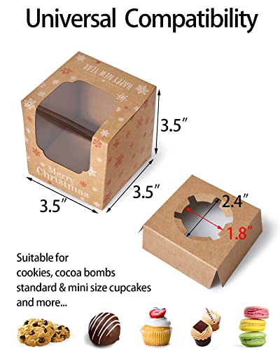 Happyhiram 100 Pack Kraft Brown Single Christmas Cupcake Boxes with Inserts - color: Holiday Brown, size: 100-Count
