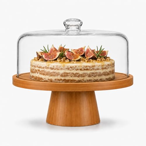 Cake Stand with Glass Lid, 11" Magnetic Bamboo Base for Parties & Kitchen