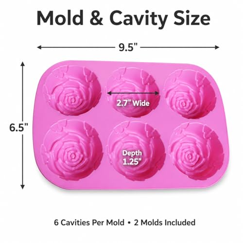 2 Pack Rose Silicone Molds, 6-Cavity Flower Soap Molds for Chocolate, Candy, Cake, Jelly, Pudding, Ice Cubes, Lotion Bars, Candles & Bath Bombs, Pink