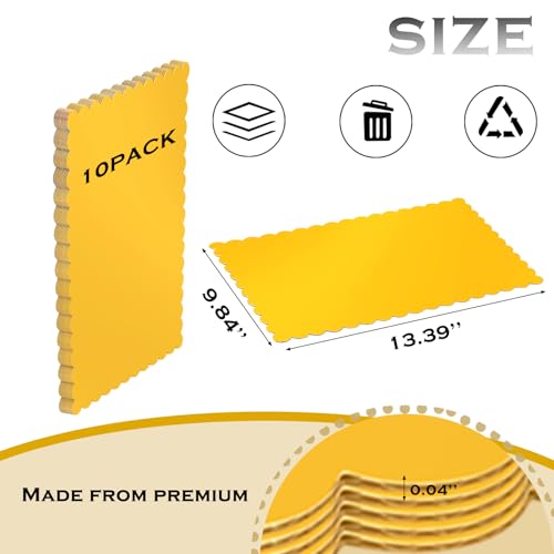 10 Pack 14x10 Gold Cake Board Sheets Rectangle Decorating Wavy Cardboard Grease Proof Foil Base Stand Disposable Plates for Desserts Pastries Display - color: Gold