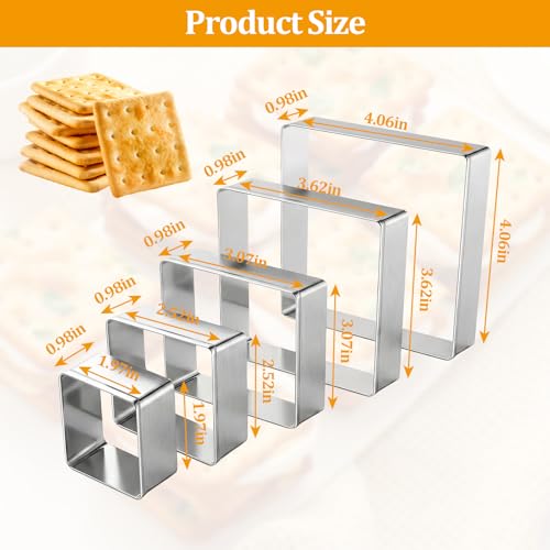 Square Cookie Cutter,5 PCS Stainless Steel Square Biscuit Molds,Pastry Molds Fondant Cake Cookie Cutter Set,Plaque Cookie Cutters - size: Square