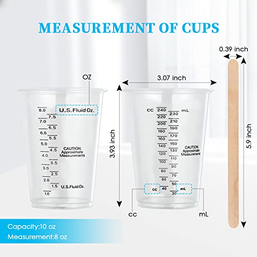 100 PACK 10 oz Plastic Measuring Cups, with 100 Wooden Mixing Sticks
