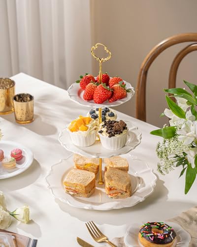 3 Tier Cupcake Stand, Ceramic Tiered Serving Stand - color: White