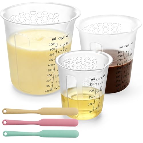 Palksky Silicone Measuring Cups Set (1-Cup & 2-Cup & 4-Cup) with Jar Spatula, Microwave Safe, Honeycomb Heat-Control Grip, Easy-Read Liquid Measuring for Baking, Cooking & Chocolate Melting - size: 1000ml*1+500ml*1+250ml*1+Jar Spatulas*3
