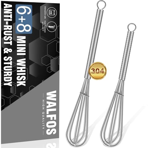 Walfos Mini Whisk,Non-Rust Whisk,304 Stainless steel Small Whisks.Heat Resistant 450℉.6+8Inch Tiny whisks Nice for Whisking, Blending Ingredients, Beating, Mixing Sauces (Silver) - color: 2pcs stainless steel; 6+8in