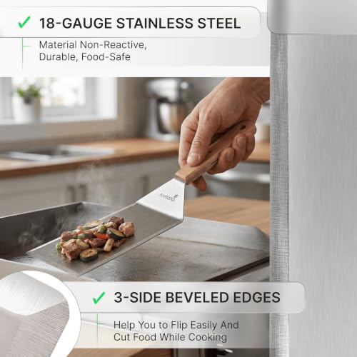 Stainless Steel Metal Griddle 4 x 8 inch Spatula - Spatula Hamburger Turner Scraper - Pancake Flipper - Great for BBQ Grill and Flat Top Griddle - Commercial Grade - color: Wooden handle turner